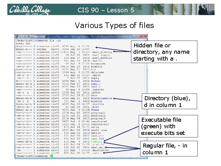 CIS 90 – Lesson 5 Various Types of files Hidden file or directory, any CIS 90 – Lesson 5 Various Types of files Hidden file or directory, any