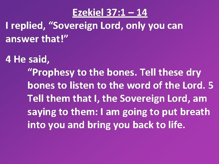 Ezekiel 37: 1 – 14 I replied, “Sovereign Lord, only you can answer that!”
