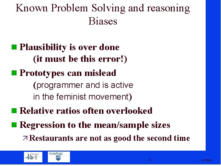 Known Problem Solving and reasoning Biases Plausibility is over done (it must be this