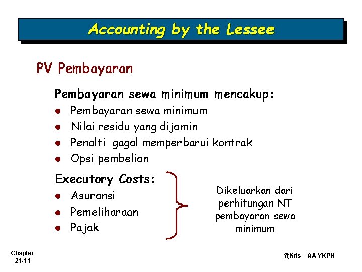 Accounting by the Lessee PV Pembayaran sewa minimum mencakup: l l Pembayaran sewa minimum