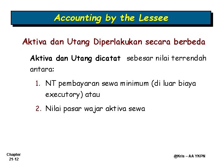 Accounting by the Lessee Aktiva dan Utang Diperlakukan secara berbeda Aktiva dan Utang dicatat