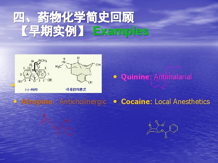 四、药物化学简史回顾 【早期实例】 Examples • Morphine: Analgesics • Quinine: Antimalarial • Atropine : Anticholinergic •