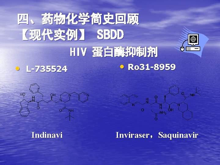 四、药物化学简史回顾 【现代实例】 SBDD HIV 蛋白酶抑制剂 • L-735524 Indinavi • Ro 31 -8959 Inviraser，Saquinavir 