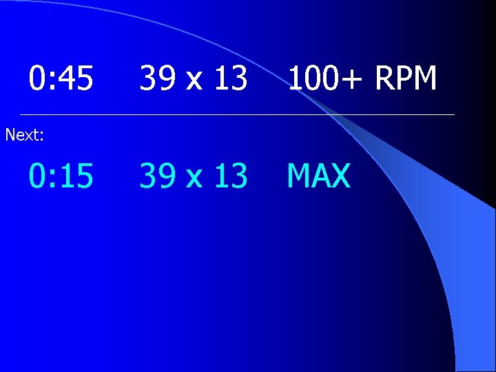 0: 45 39 x 13 100+ RPM 39 x 13 MAX Next: 0: 15