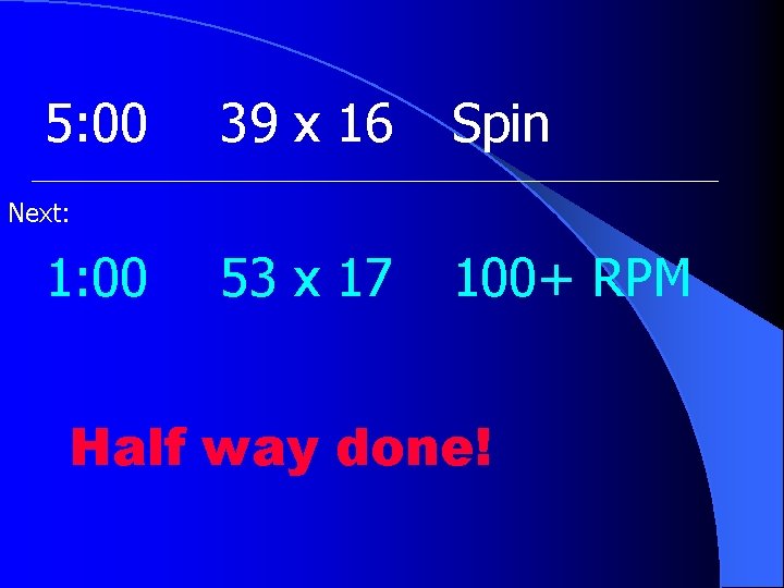 5: 00 39 x 16 Spin 53 x 17 100+ RPM Next: 1: 00