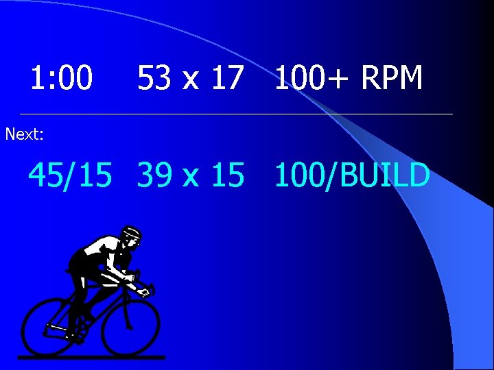 1: 00 53 x 17 100+ RPM Next: 45/15 39 x 15 100/BUILD 