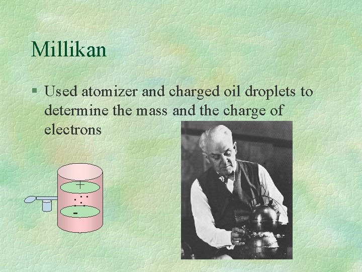 Millikan § Used atomizer and charged oil droplets to determine the mass and the