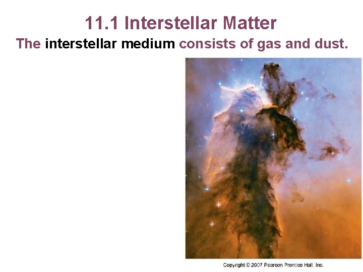 11. 1 Interstellar Matter The interstellar medium consists of gas and dust. 