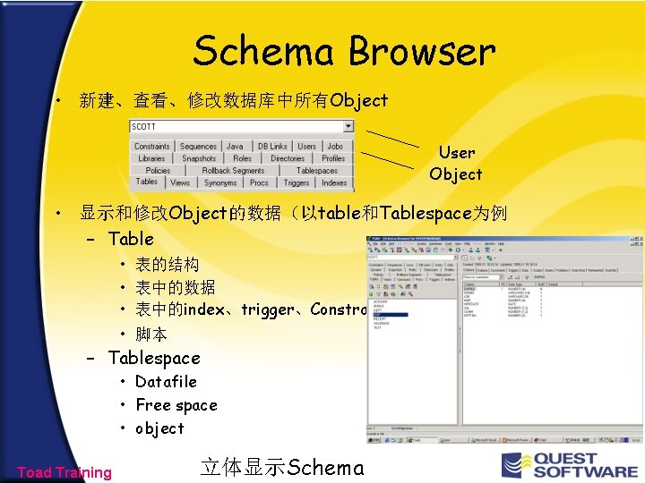 Schema Browser • 新建、查看、修改数据库中所有Object User Object • 显示和修改Object的数据（以table和Tablespace为例 – Table • • 表的结构 表中的数据