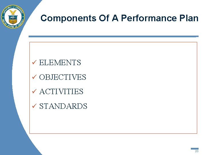 Components Of A Performance Plan ü ELEMENTS ü OBJECTIVES ü ACTIVITIES ü STANDARDS 20