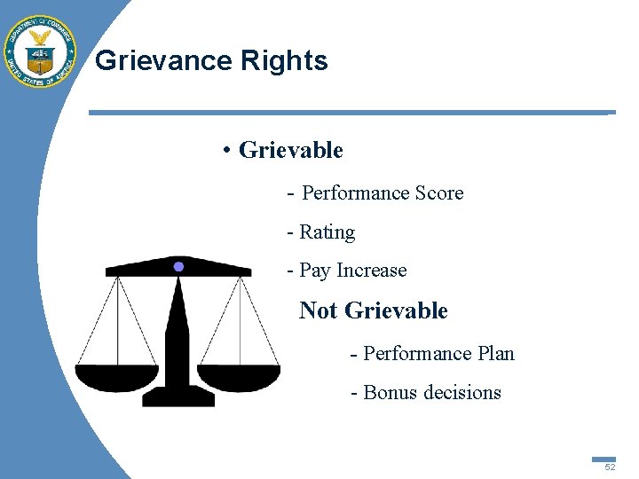 Grievance Rights • Grievable - Performance Score - Rating - Pay Increase Not Grievable