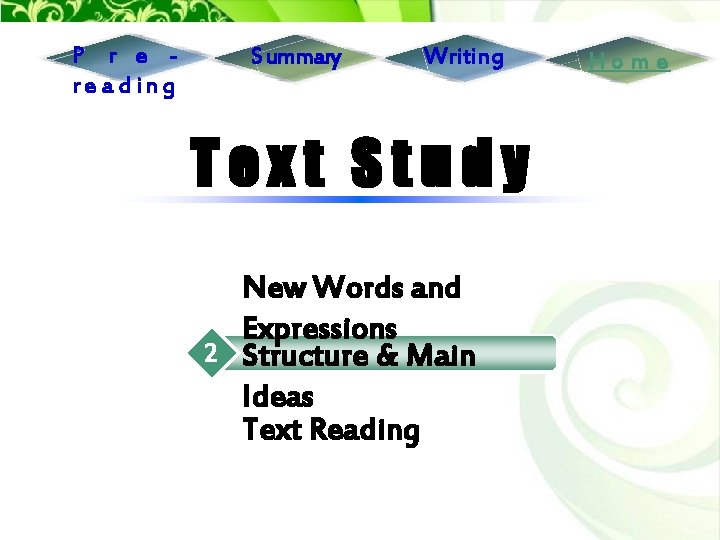 P r e re a d in g Summary Writing Text Study New Words