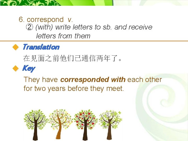 6. correspond v. ② (with) write letters to sb. and receive letters from them