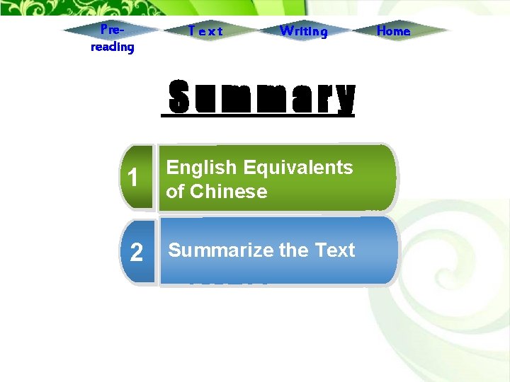 Prereading Text Writing Summary 1 English Equivalents of Chinese 2 Summarize the Text Home
