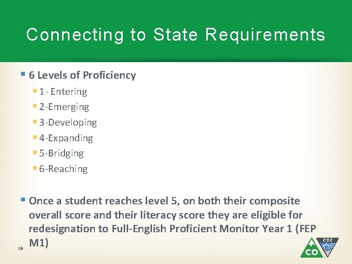 Connecting to State Requirements § 6 Levels of Proficiency § 1 - Entering §