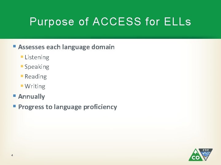 Purpose of ACCESS for ELLs § Assesses each language domain § Listening § Speaking