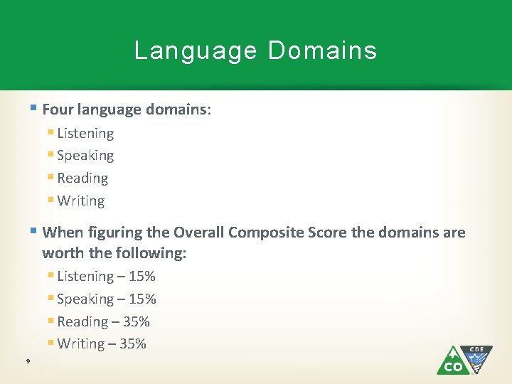 Language Domains § Four language domains: § Listening § Speaking § Reading § Writing