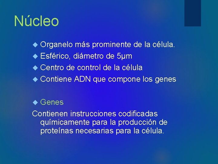 Núcleo Organelo más prominente de la célula. Esférico, diámetro de 5µm Centro de control