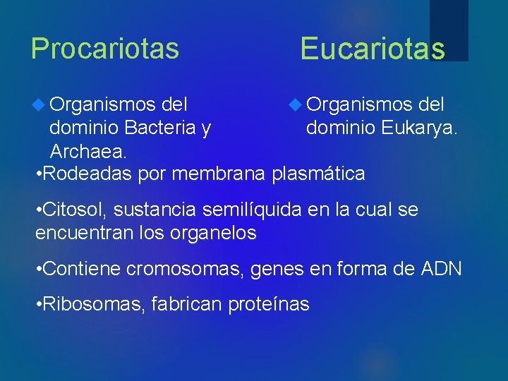 Procariotas Eucariotas Organismos del dominio Bacteria y dominio Eukarya. Archaea. • Rodeadas por membrana