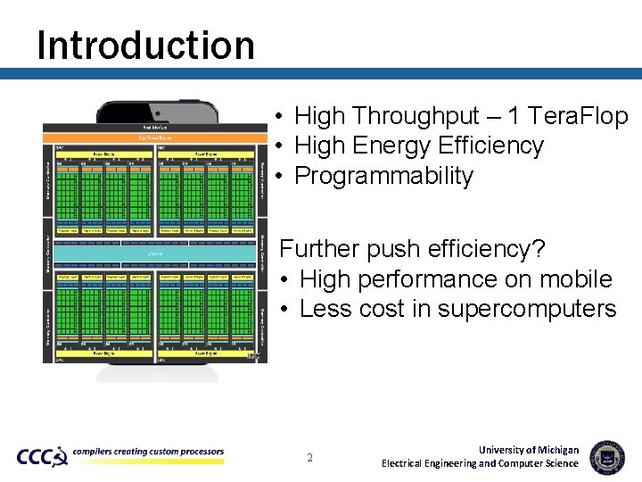 Introduction • High Throughput – 1 Tera. Flop • High Energy Efficiency • Programmability