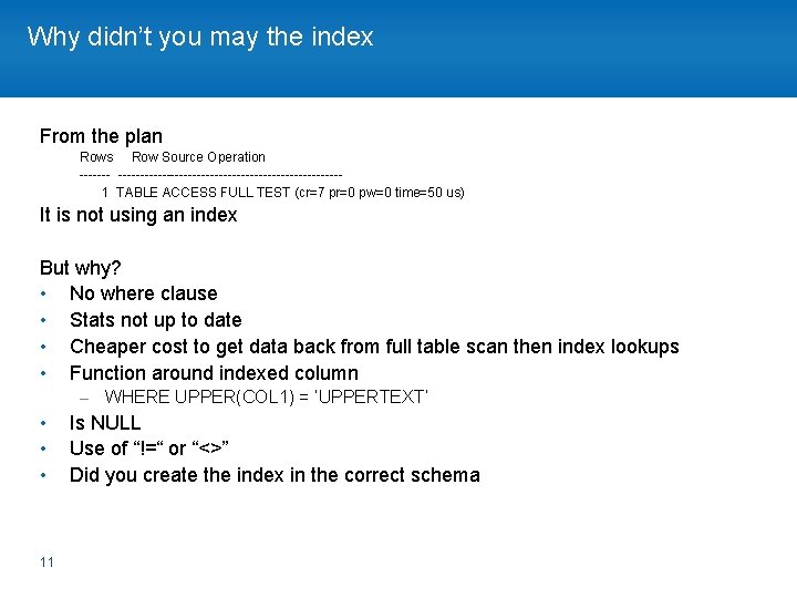 Why didn’t you may the index From the plan Rows Row Source Operation -----------------------------1