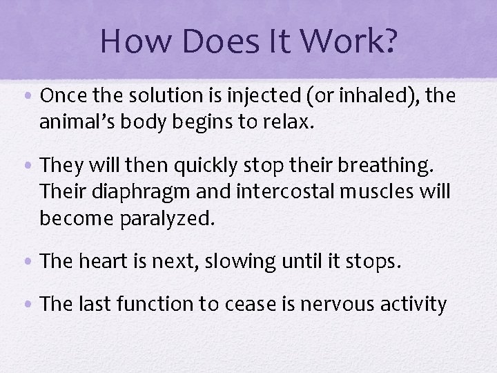 How Does It Work? • Once the solution is injected (or inhaled), the animal’s