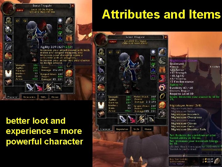 Attributes and Items better loot and experience = more powerful character 