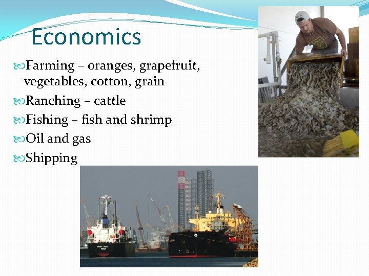 Economics Farming – oranges, grapefruit, vegetables, cotton, grain Ranching – cattle Fishing – fish