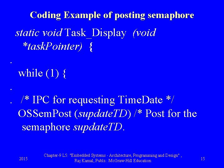 Coding Example of posting semaphore static void Task_Display (void *task. Pointer) {. while (1)