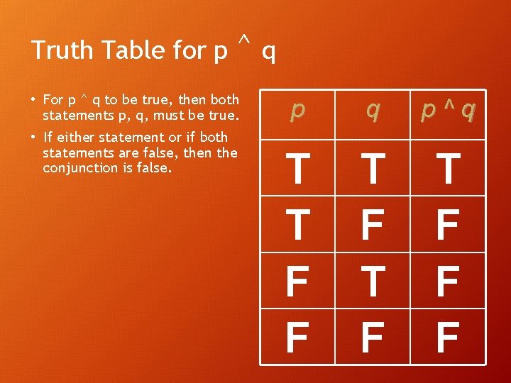 Truth Table for p ^q • For p ^ q to be true, then