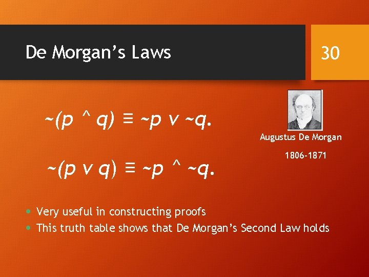 De Morgan’s Laws 30 ~(p ^ q) ≡ ~p v ~q. Augustus De Morgan