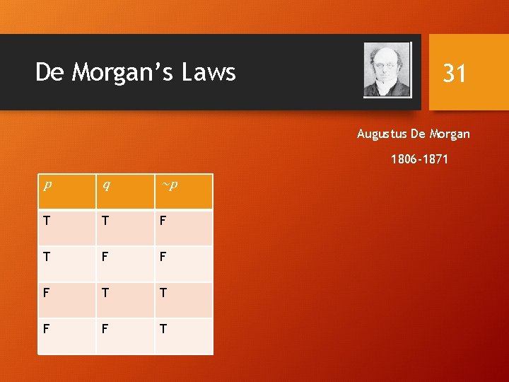 De Morgan’s Laws 31 Augustus De Morgan 1806 -1871 p q ~p T T