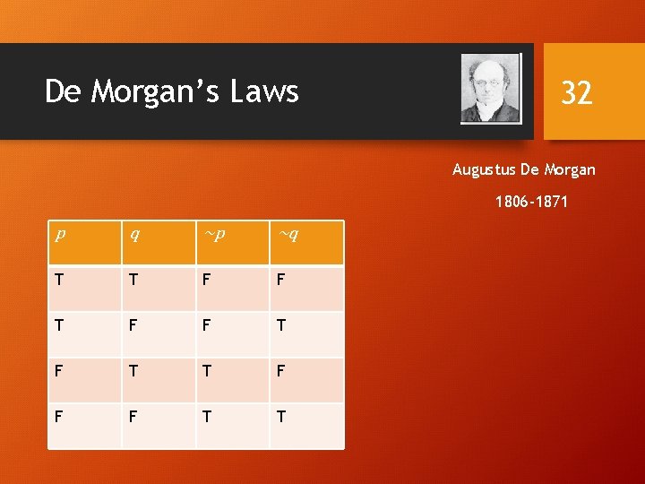 De Morgan’s Laws 32 Augustus De Morgan 1806 -1871 p q ~p ~q T