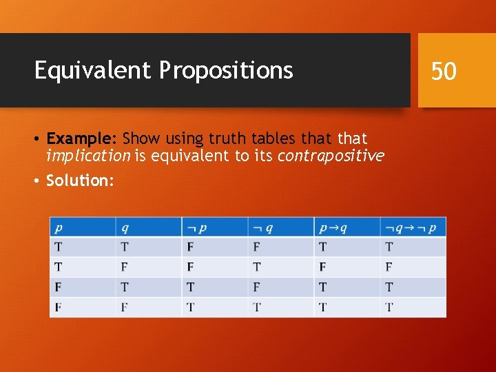 Equivalent Propositions • Example: Show using truth tables that implication is equivalent to its