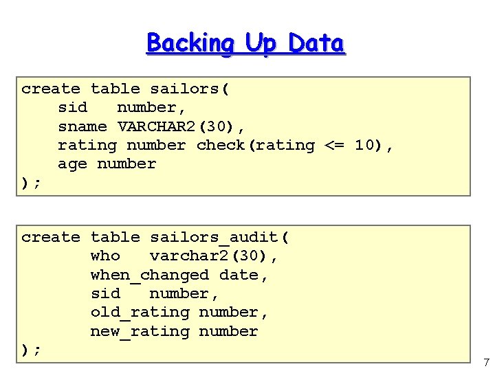 Backing Up Data create table sailors( sid number, sname VARCHAR 2(30), rating number check(rating