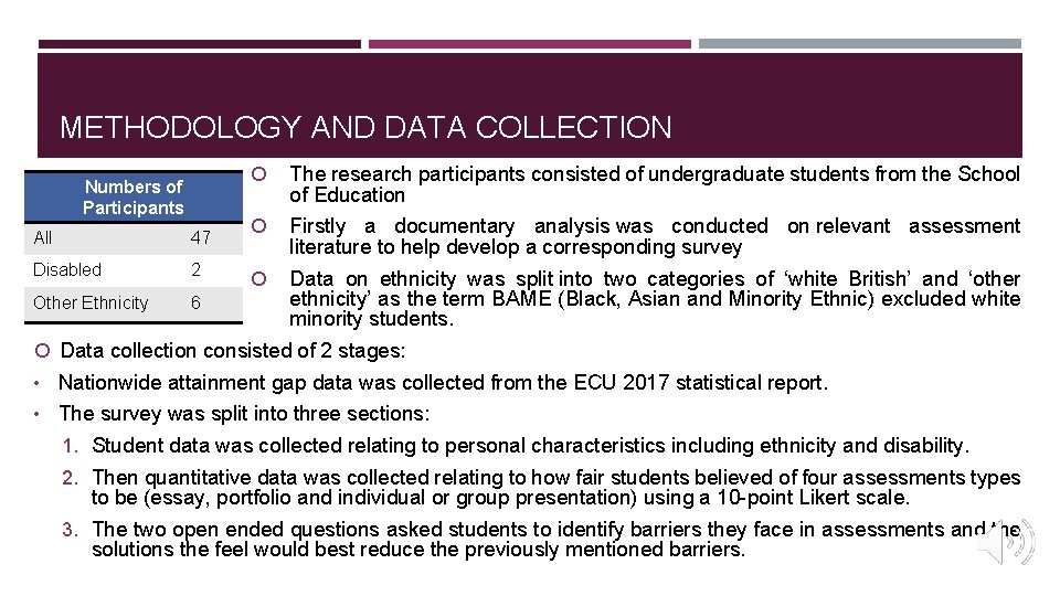 METHODOLOGY AND DATA COLLECTION Numbers of Participants All 47 Disabled 2 Other Ethnicity 6