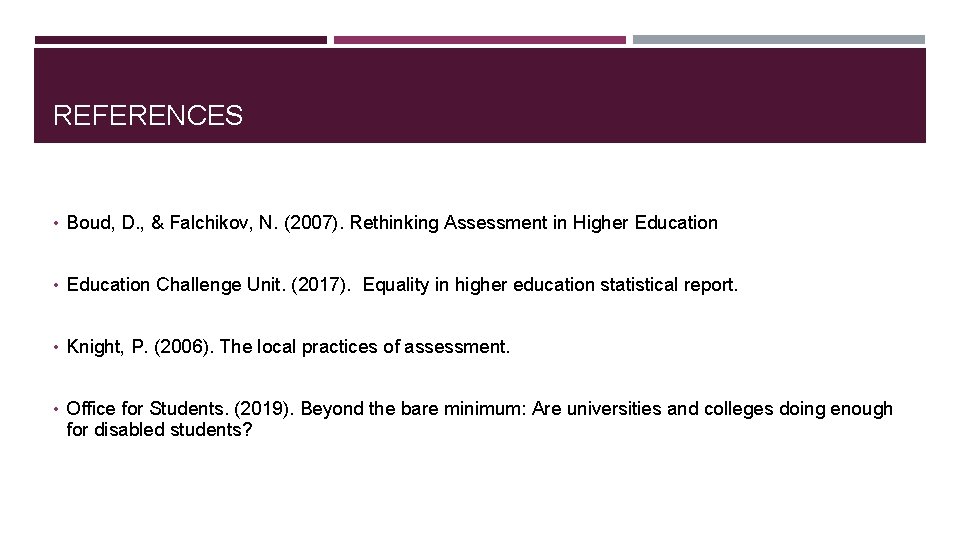 REFERENCES • Boud, D. , & Falchikov, N. (2007). Rethinking Assessment in Higher Education