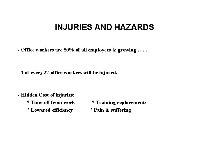 INJURIES AND HAZARDS - Office workers are 50% of all employees & growing. .