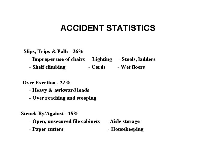 ACCIDENT STATISTICS Slips, Trips & Falls - 26% - Improper use of chairs -