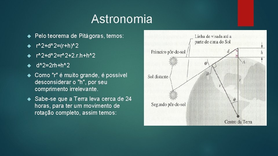 Astronomia Pelo teorema de Pitágoras, temos: r^2+d^2=(r+h)^2 r^2+d^2=r^2+2. r. h+h^2 d^2=2 rh+h^2 Como "r"