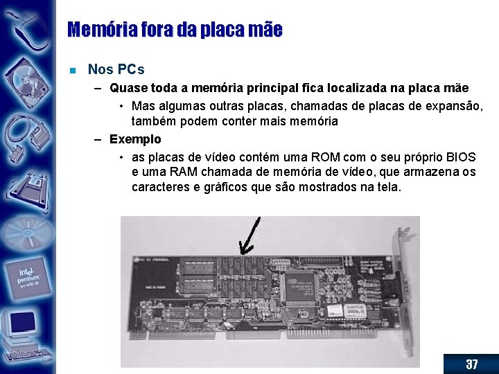 Memória fora da placa mãe n Nos PCs – Quase toda a memória principal