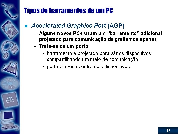 Tipos de barramentos de um PC n Accelerated Graphics Port (AGP) – Alguns novos