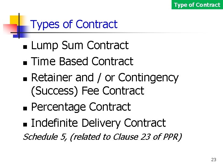 Type of Contract Types of Contract Lump Sum Contract Time Based Contract Retainer and