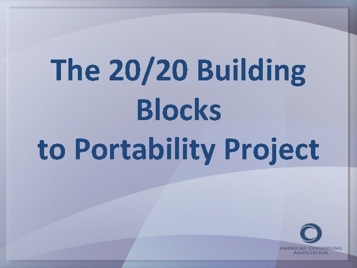 The 20/20 Building Blocks to Portability Project 
