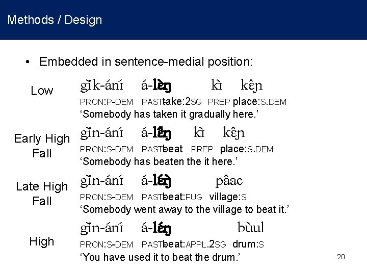 Methods / Design • Embedded in sentence-medial position: Low Early High Fall Late High