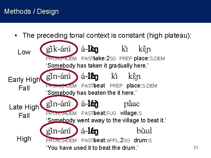 Methods / Design • The preceding tonal context is constant (high plateau): Low Early