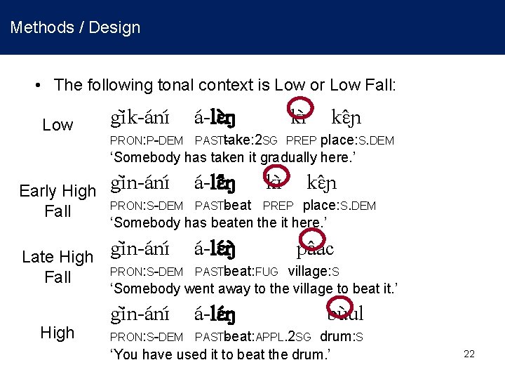 Methods / Design • The following tonal context is Low or Low Fall: Low