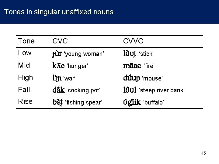 Tones in singular unaffixed nouns Tone CVC CVVC Low ɟu r ‘young woman’ kʌ