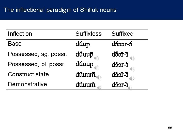 The inflectional paradigm of Shilluk nouns Inflection Suffixless Suffixed Base du up du uup