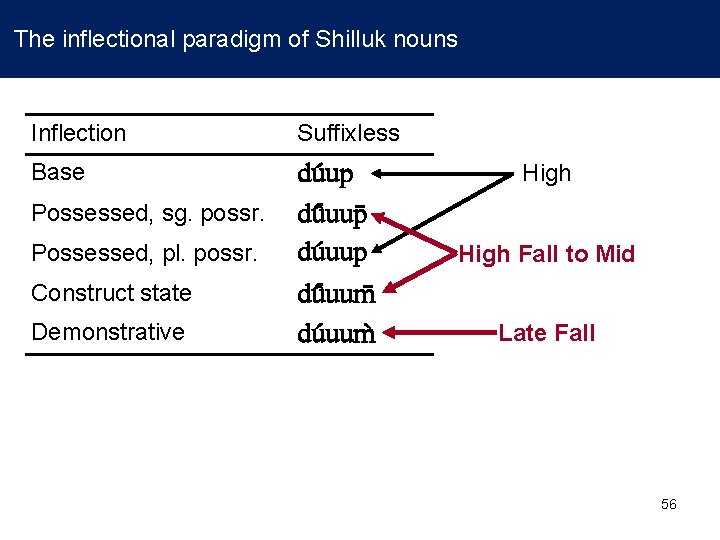The inflectional paradigm of Shilluk nouns Inflection Suffixless Base du up du uup Possessed,